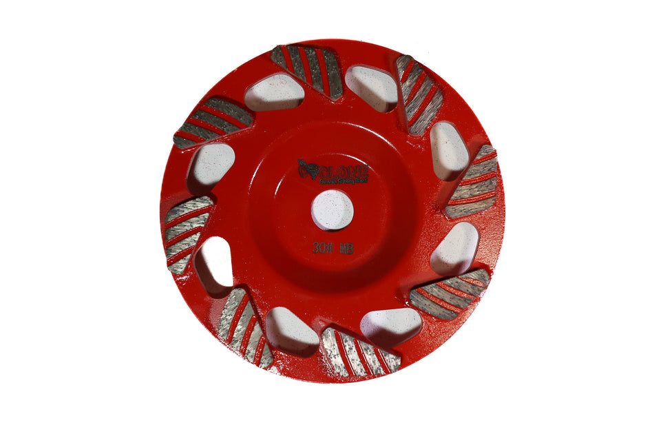 Red 6" diamond grinding wheel with a cyclone logo on a white background