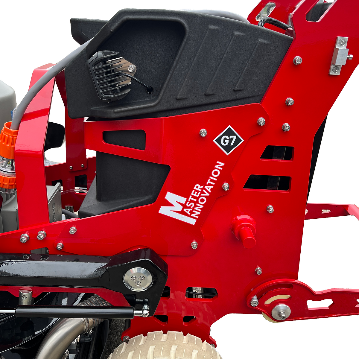 Red machine with 'Master Innovation' branding on a white background