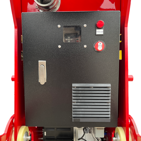 Black control panel with buttons on a red grinder machine